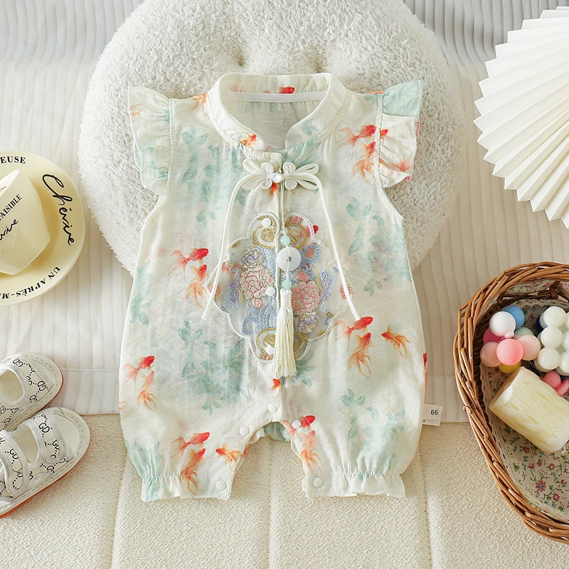 MT婴儿连体衣夏款女宝宝包屁衣薄飞袖锦鲤绣花国风爬服男ZPX4262
