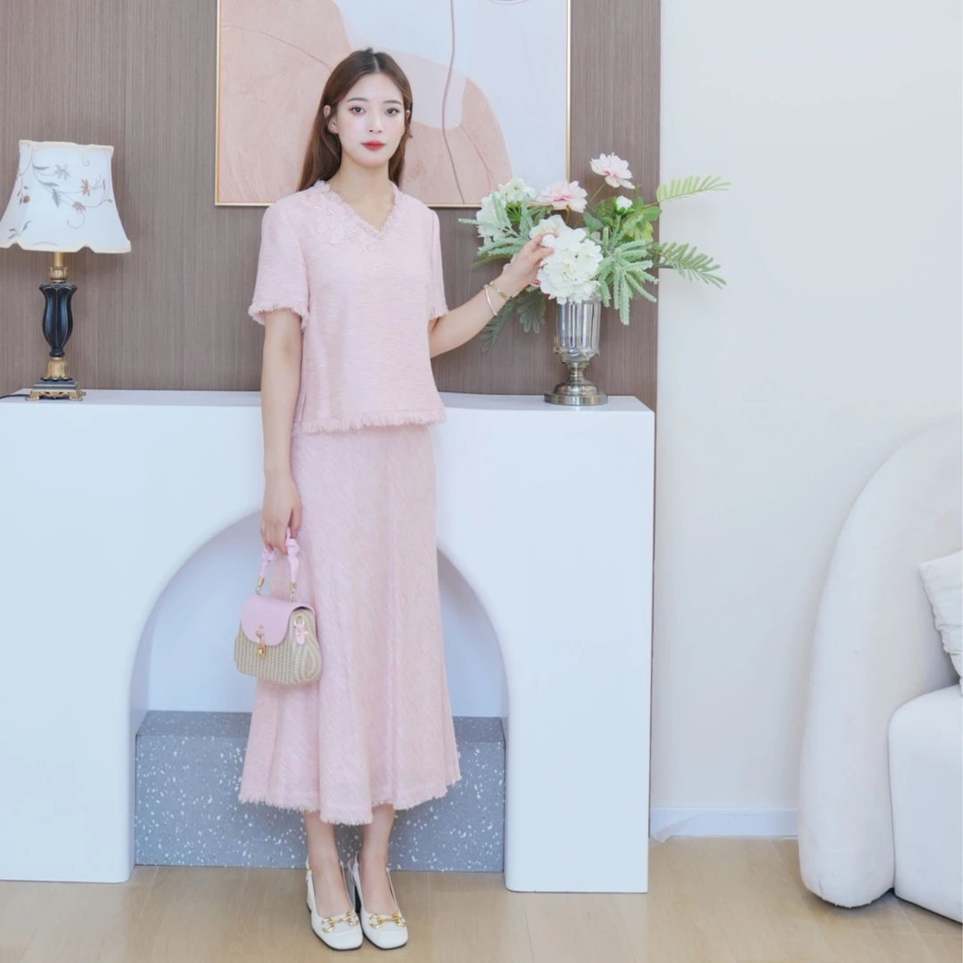 Pink Mary/粉红玛琍套装小香风薄款V领拉毛常规款复古PMDOW9701