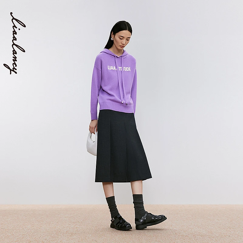 【羊毛】LANCY/朗姿2024年冬新款落肩连帽毛针织衫女紫色上衣