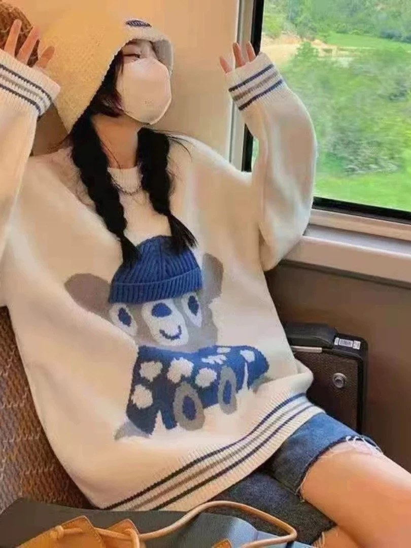 2491 Y1韩系慵懒风春秋新款小熊针织毛衣女宽松长袖上衣外套