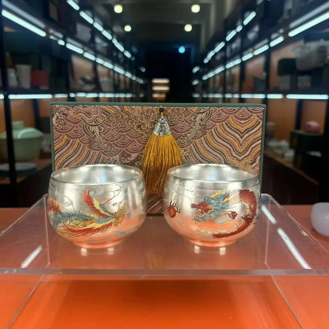 当代 鎏银龙凤对杯纯手工罗汉杯主人杯Z12