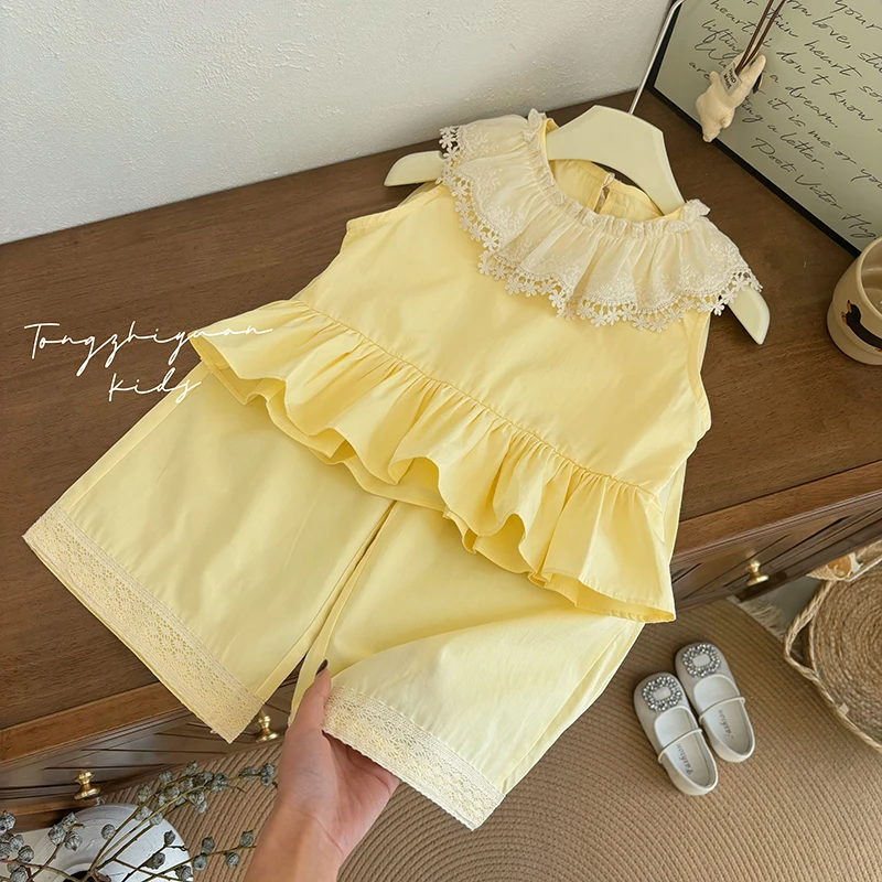 女童新款夏季时尚洋气黄色蕾丝边无袖套装女宝宝休闲时尚品质童装