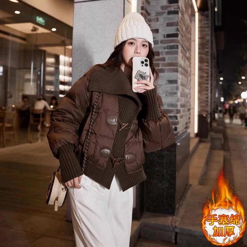 欧洲站时尚短款保暖棉服女2025年新款冬季大翻领针织拼接棉衣外套