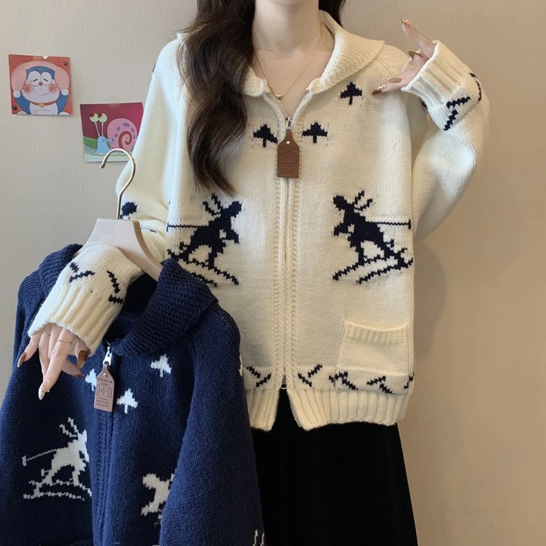 复古费尔岛翻领提花毛衣外套女秋冬新款加厚设计感慵懒风针织开衫