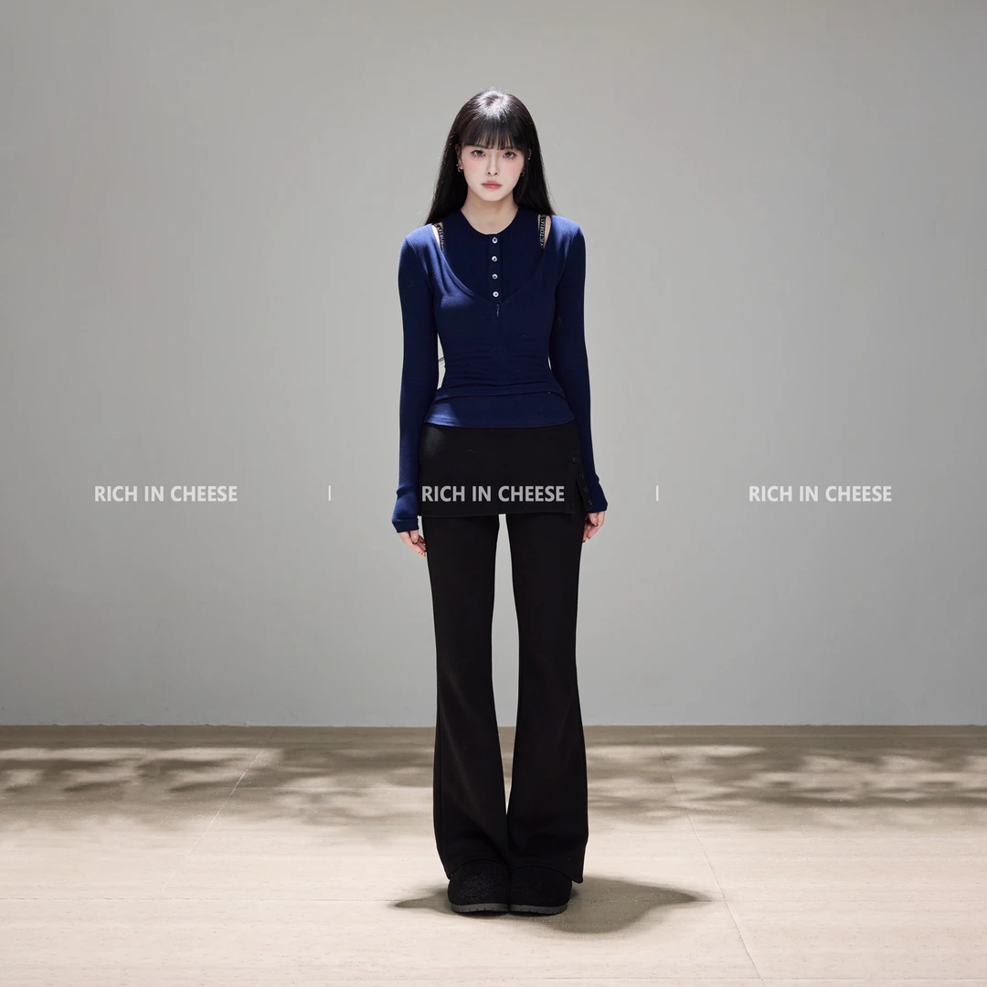 RICHINCHEESE 慵懒周末 秋冬辣妹假两件设计感休闲时尚气质上衣