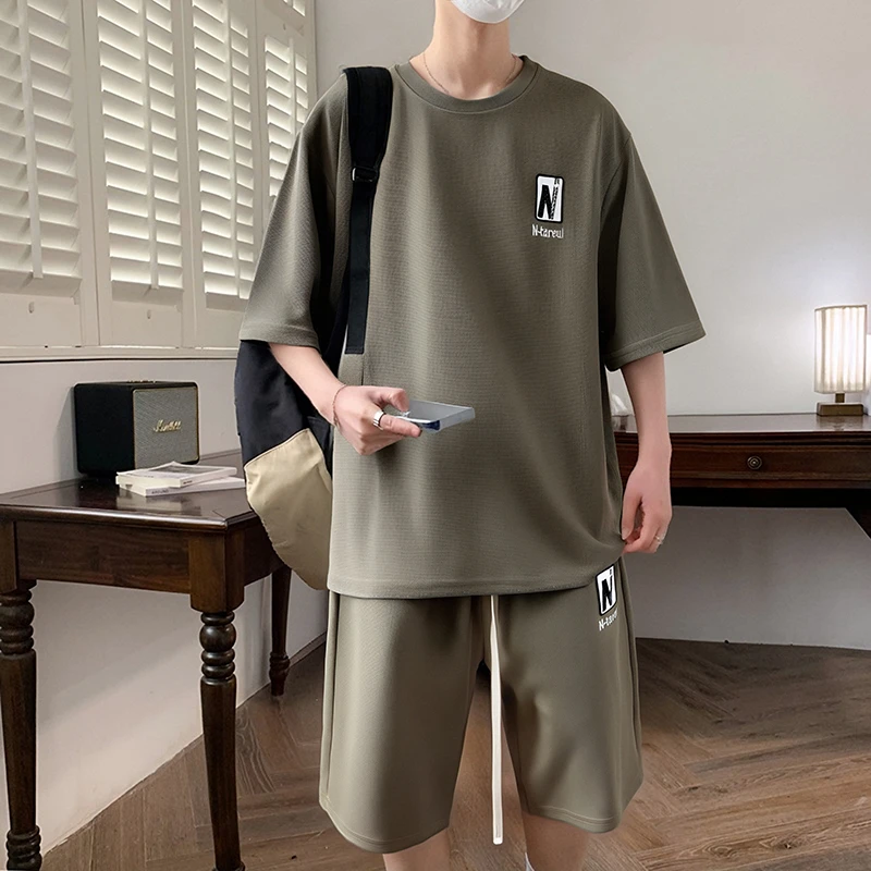 潮流男装宽松短袖短裤薄款刺绣两件套男男士套装休闲运动一套衣服