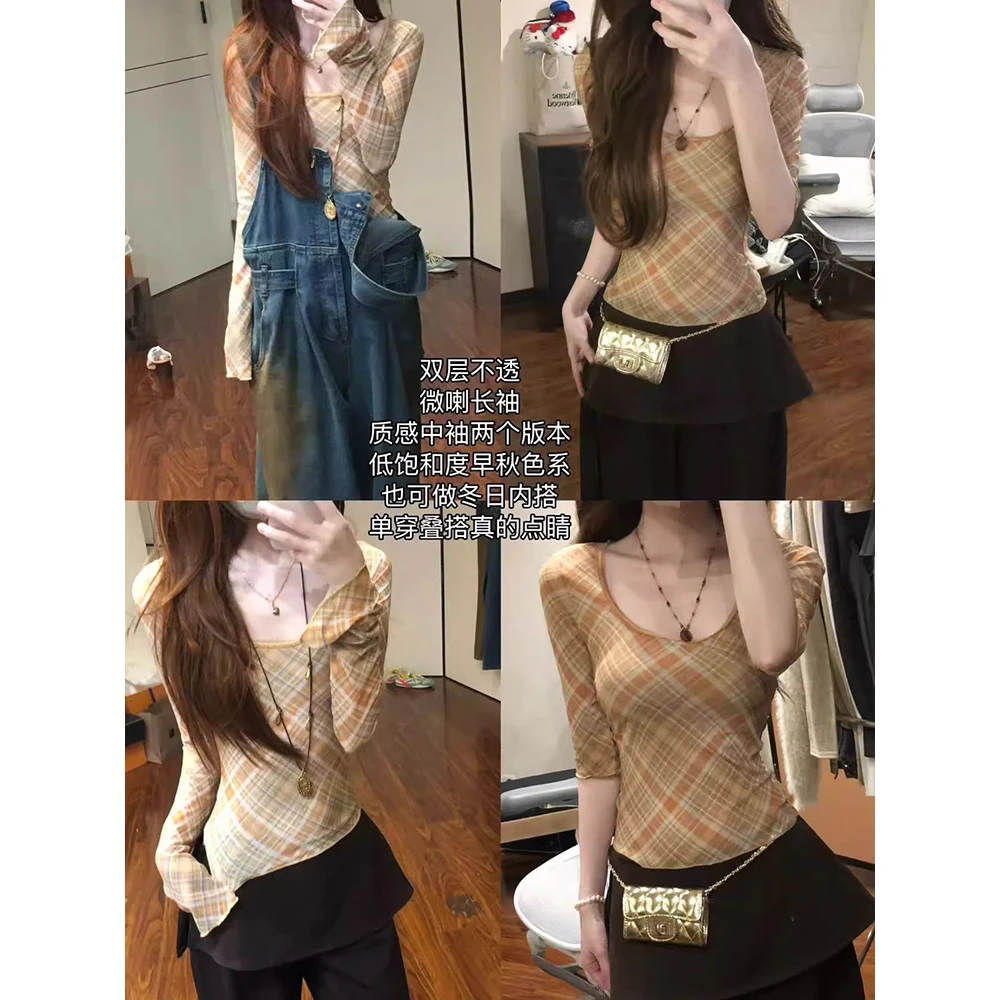 花边格纹网纱修身短款大U领中袖/长袖T恤  60355