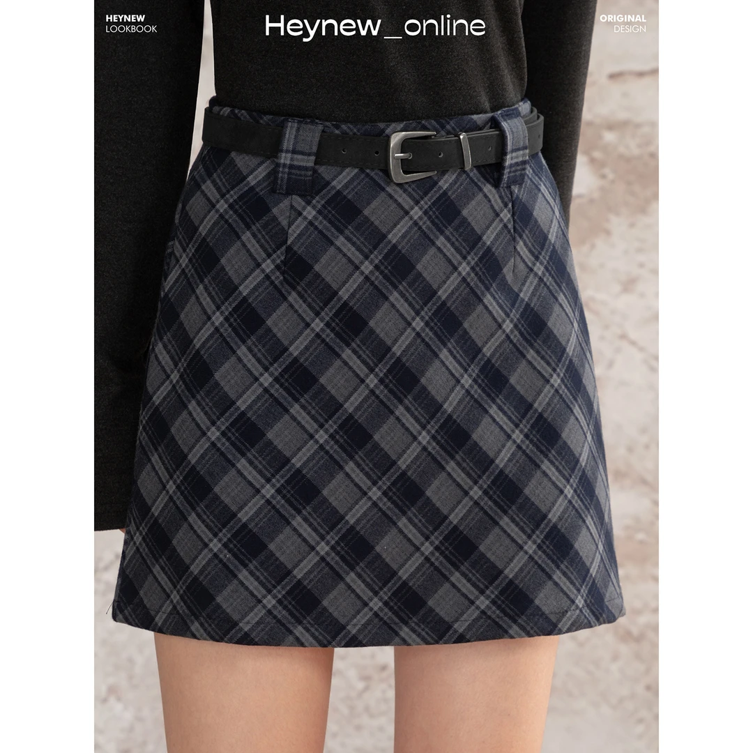 LOVEHEYNEW复古斜格纹撞色a字半身裙女秋季学院风包臀短裙子5Q519