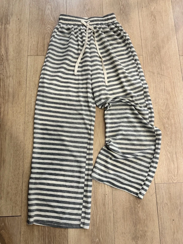 8816薄款条纹阔腿裤灰白撞色休闲裤女