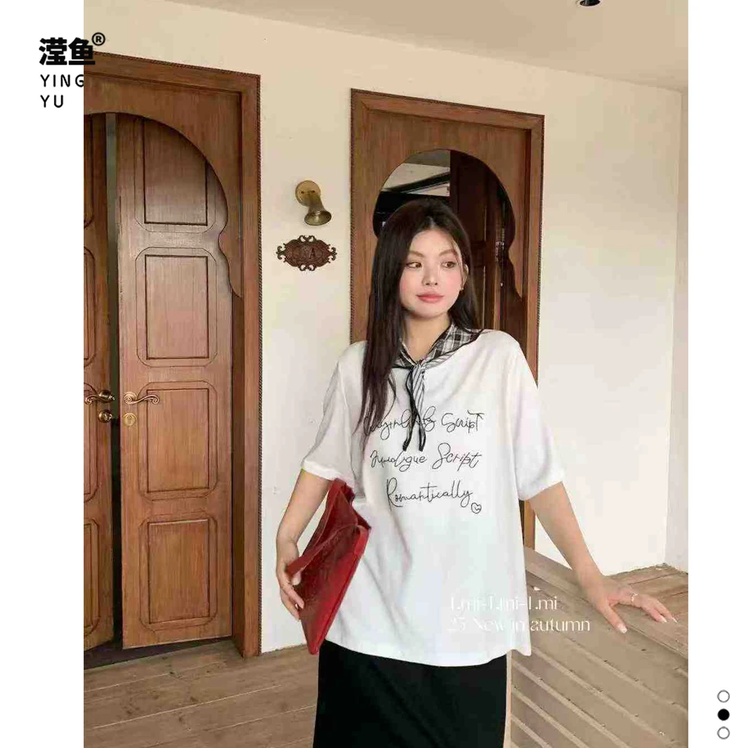 Tmi Q1117大码披肩两件短袖t恤秋季韩版圆领高级感气质女小众上衣