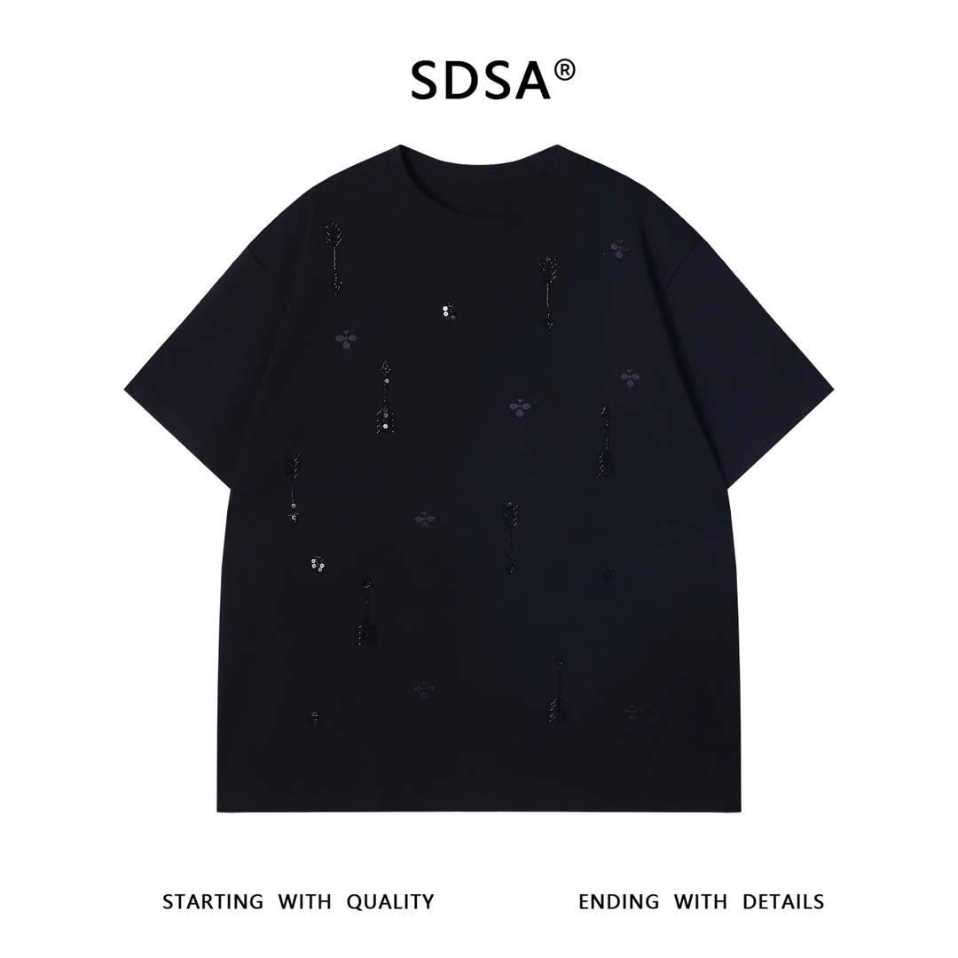 夏季高级感新款美式立体钉珠亮片圆领短袖T恤暗黑百搭显瘦上衣