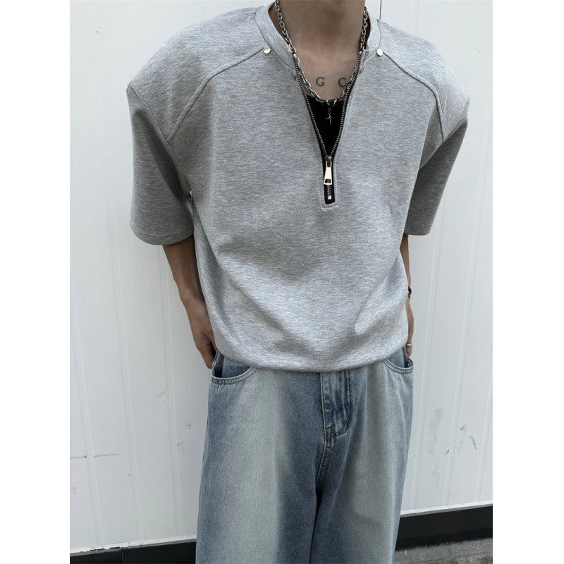 灰色重磅半拉链设计感t恤男垫肩美式高街cleanfit短袖痞帅七分袖