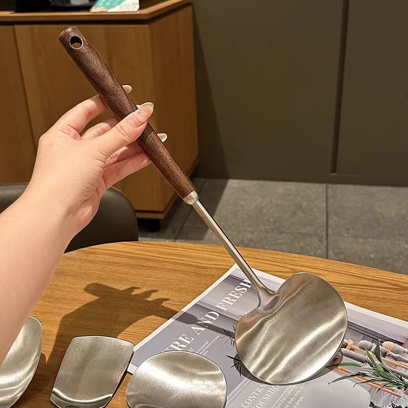 304不锈钢锅铲胡挑木木柄把家用煎炒一体蘑菇铲