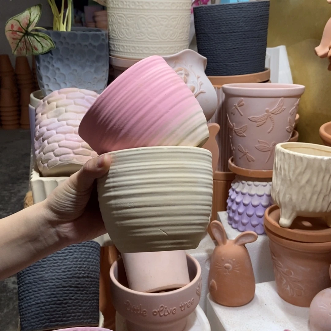 12×10拉丝盆 白+粉 粗陶2个