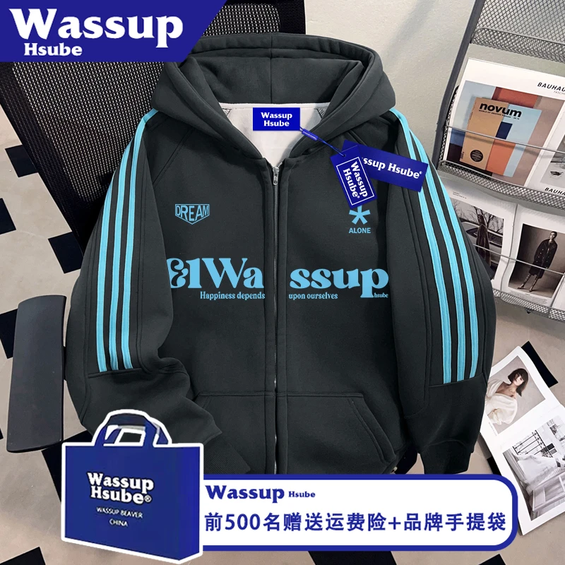 WASSUP HSUBE潮牌字母印花卫衣美式秋冬外套男女休闲拉链连帽开衫