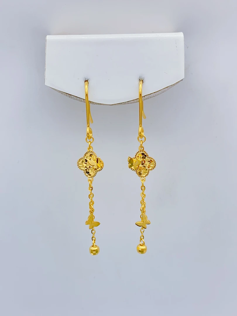 老庙黄金 足金 精工5G工艺 碎碎冰四叶草间蝴蝶流苏 耳钩 2.75克