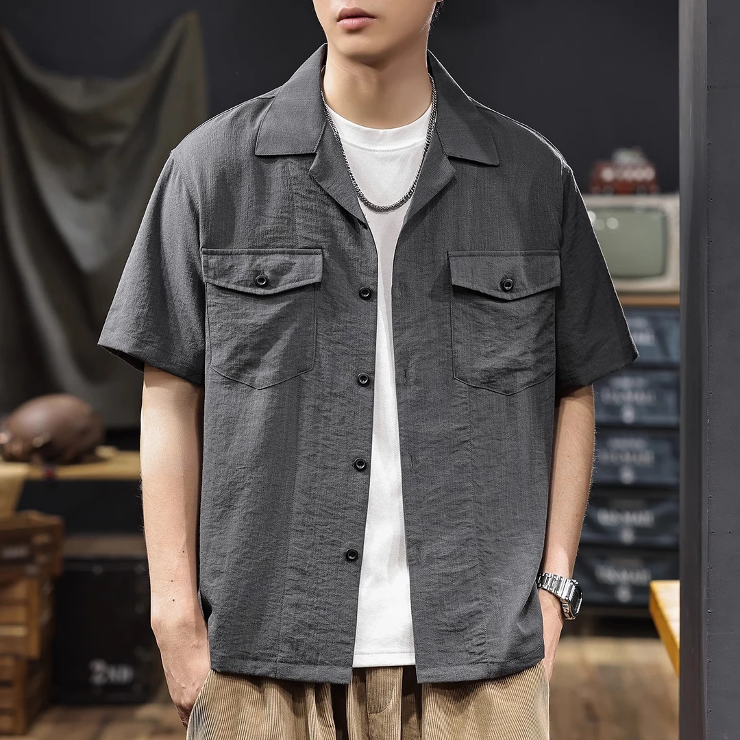 夏季薄款透气速干古巴领休闲短袖衬衫男美式工装复古宽松衬衣外套