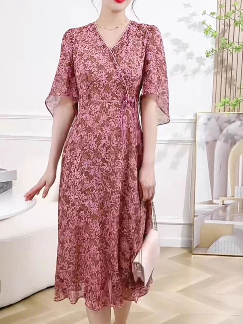 【F1826】碎花连衣裙女2025新款夏季爆款显瘦喇叭袖时尚连衣裙