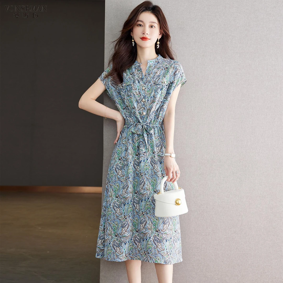 高级感复古雪纺连衣裙女2025夏新款气质抽绳收腰显瘦碎花裙子夏季