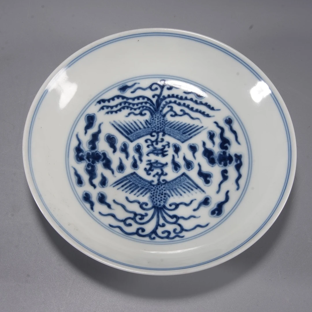 h704/清同治 青花对头凤盘（官窑）【华豫之门甄选】