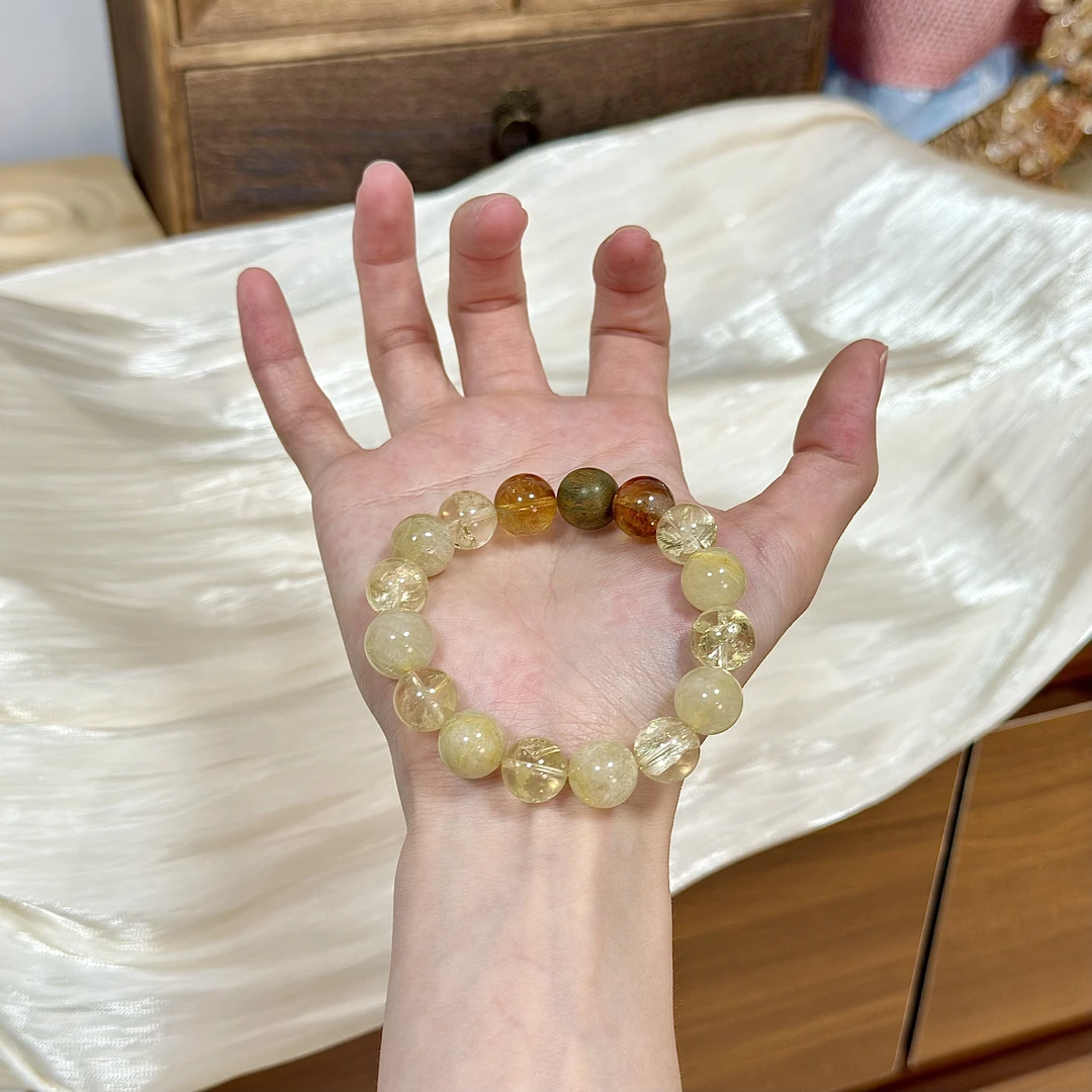 【暮色微明】12mm金发晶+黄阿赛+黄塔晶+绿檀 手串原创设计天然水晶