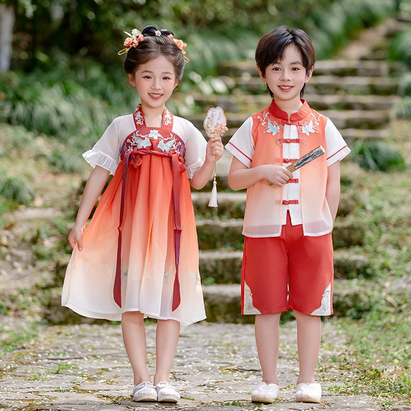幼儿园春季国风新款姐弟兄妹汉服套装小学生诗歌大合唱唐装表演服