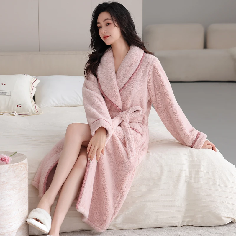 珊瑚绒睡袍女士冬季加厚加绒睡衣法兰绒浴袍秋冬款家居服长款晨袍