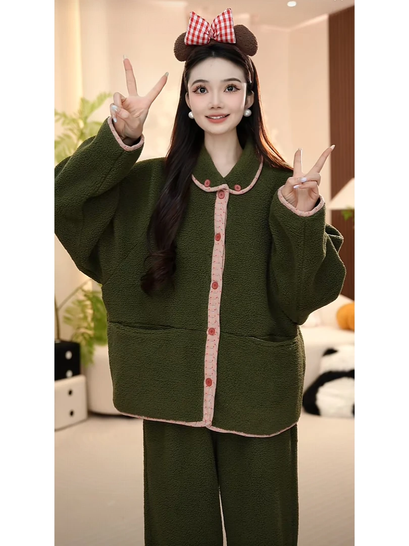 【苔藓绿】韩版超保暖可外穿时尚冬季家居服加绒加厚软绵绵睡衣套装