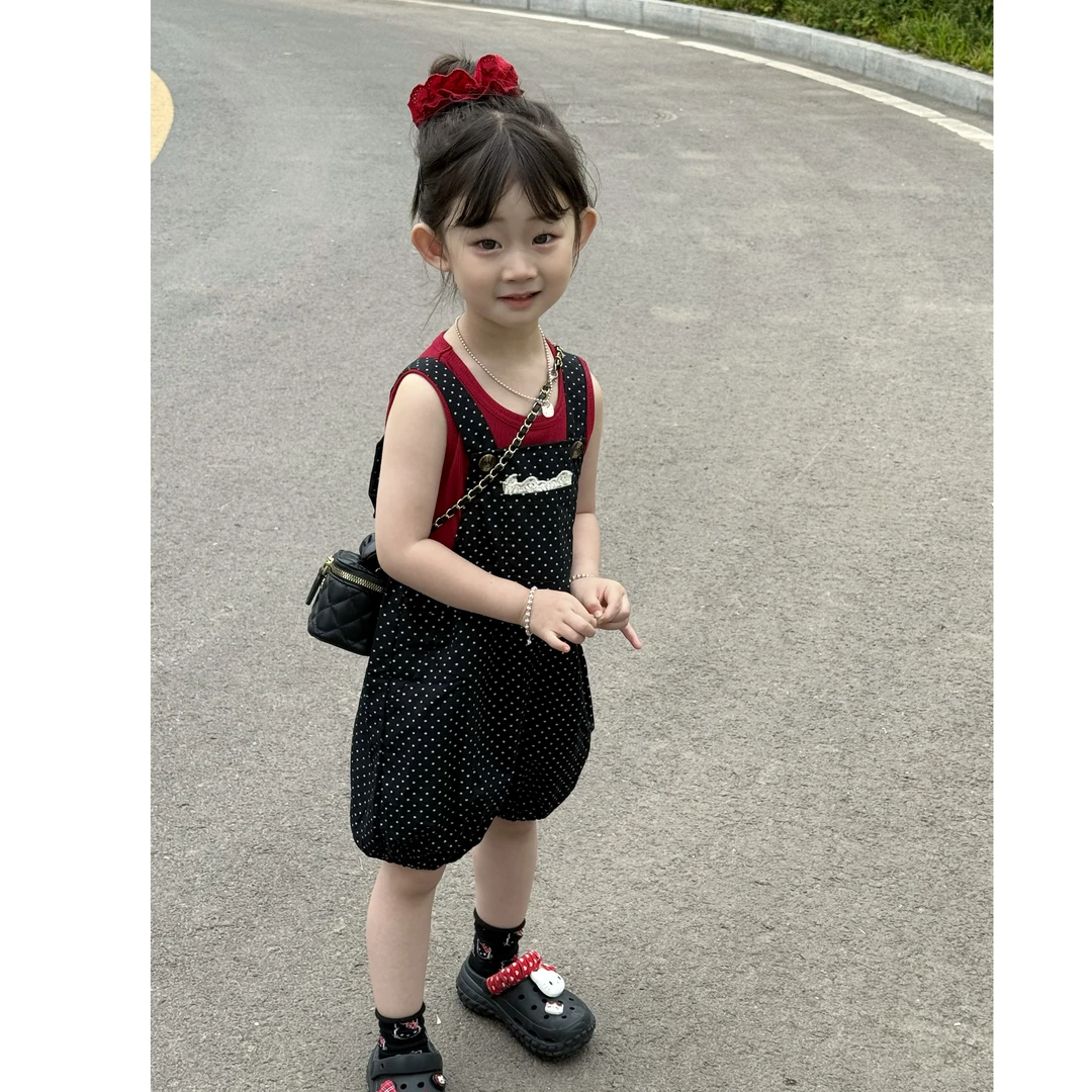 女童背带裤2025年夏款无袖背心韩版宝宝洋气百搭波点背带裤套装潮