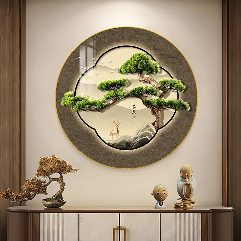 新中式迎客松装饰画客厅玄关背景墙挂画老板办公室茶室圆形山水画