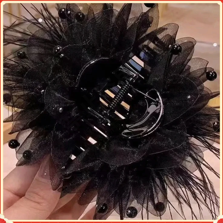 高颜值新款牡丹花羽毛花抓夹轻奢时尚鲨鱼夹抓夹洋气发夹上档次