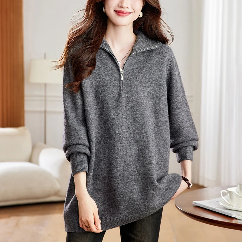 半拉链打底衫秋冬中长款遮屁股毛衣高端胖mm特大码女装上衣高级感