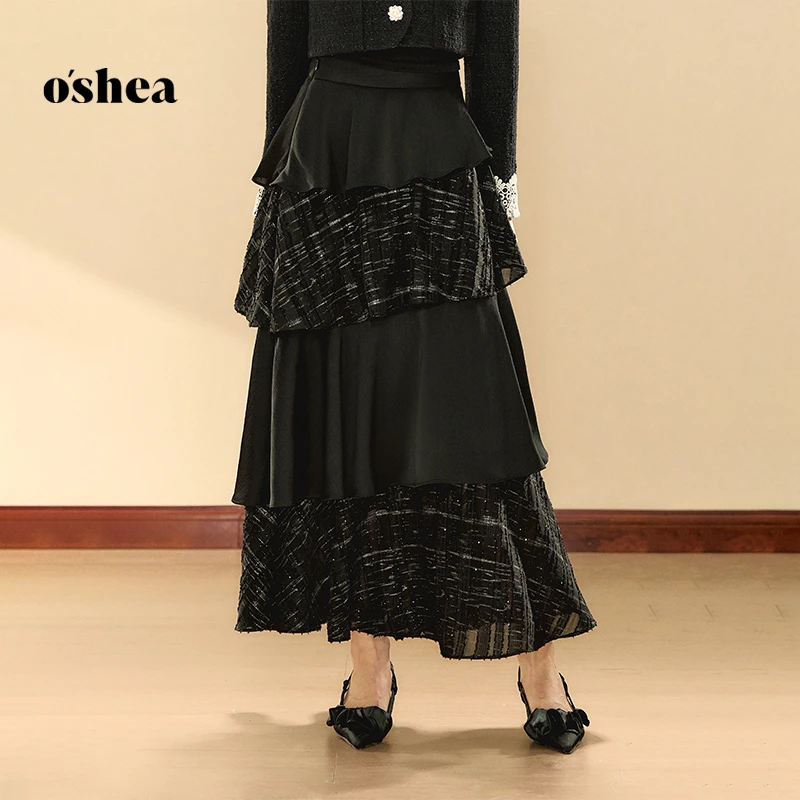 oshea【官方专享】流光黑蛋糕裙女高级层次感遮肉显瘦百搭长半裙