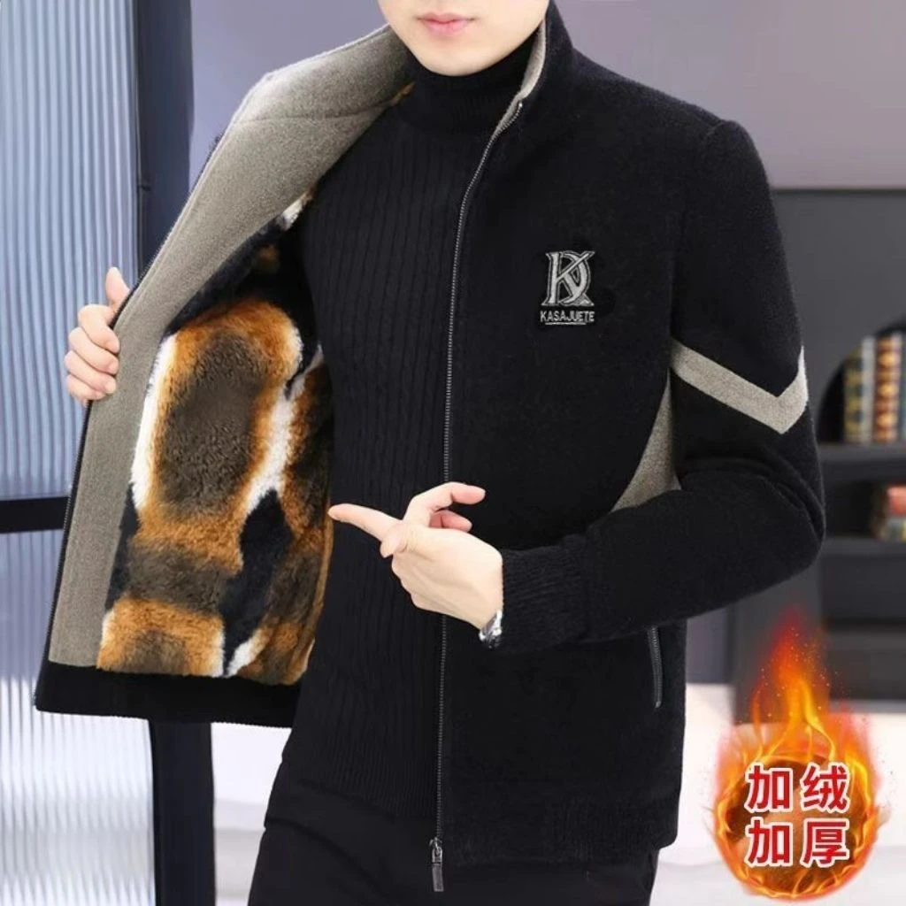 秋冬季时尚毛呢外套男士加绒加厚立领夹克潮流帅气休闲呢子大衣潮