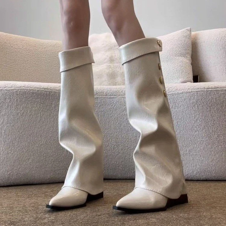 软皮版~尖头辣妹风白色长筒靴女2025皮带扣坡跟显瘦裤筒靴骑士靴