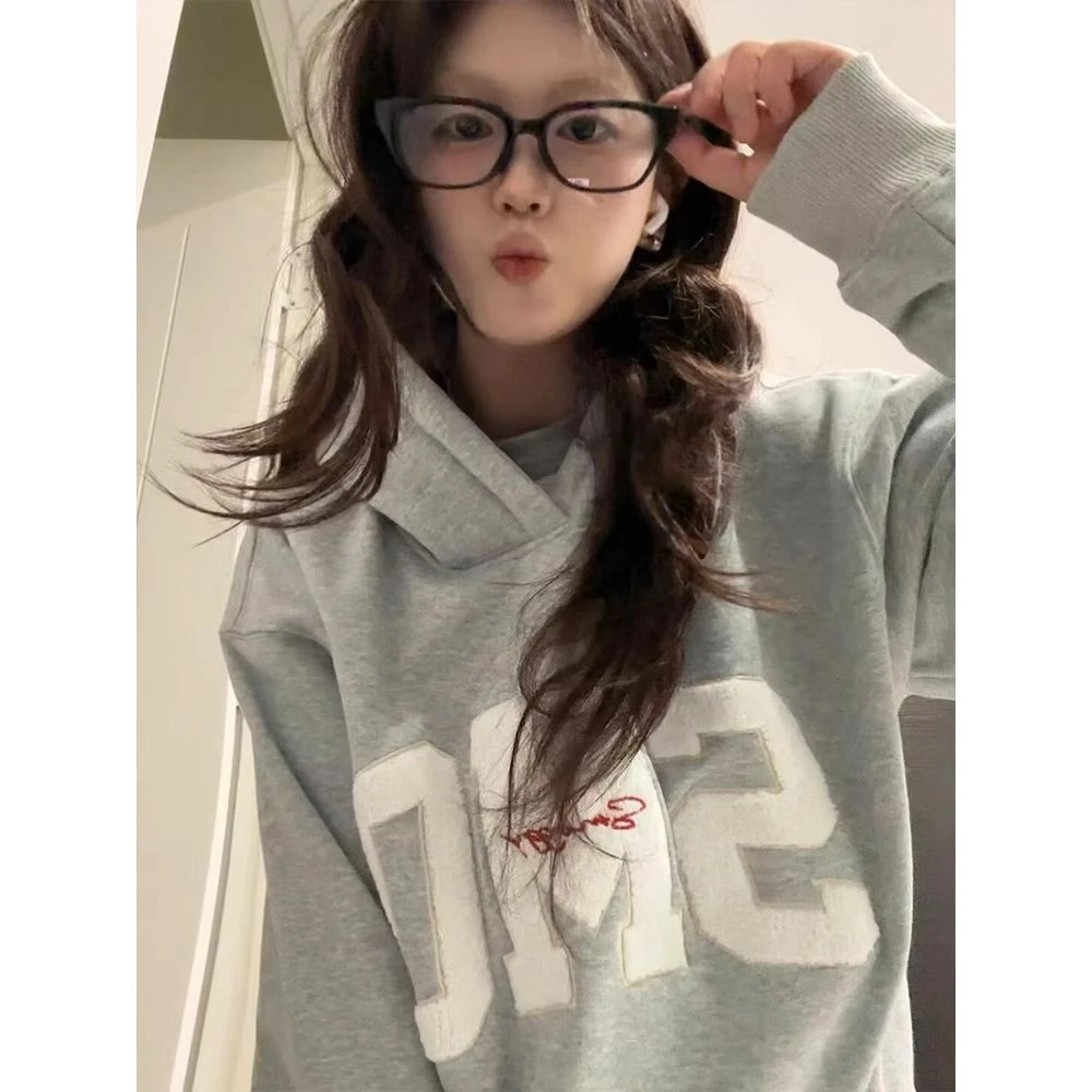 国潮牌字母标语毛巾刺绣连帽卫衣女冬季加绒加厚宽松百搭情侣外套