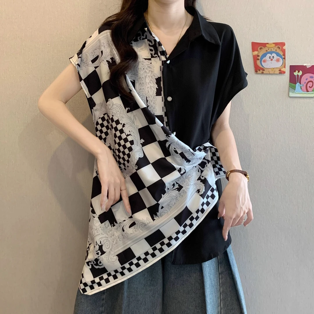 高级感水墨棋盘正肩短袖衬衫女夏季大码胖mm显瘦遮肚子不规则上衣