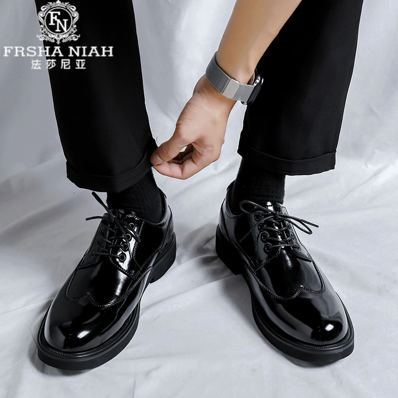 法莎尼亚透气英伦正装皮鞋青年休闲男鞋通勤百搭黑色牛皮正装皮鞋