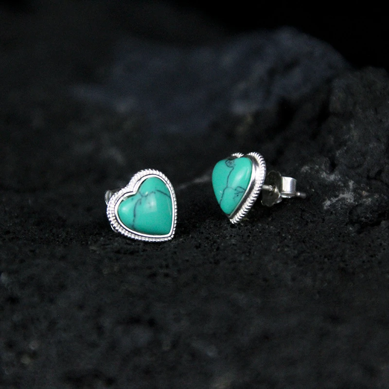 BTSP S925银针爱心绿石桃心型藏式游牧民族耳环耳钉