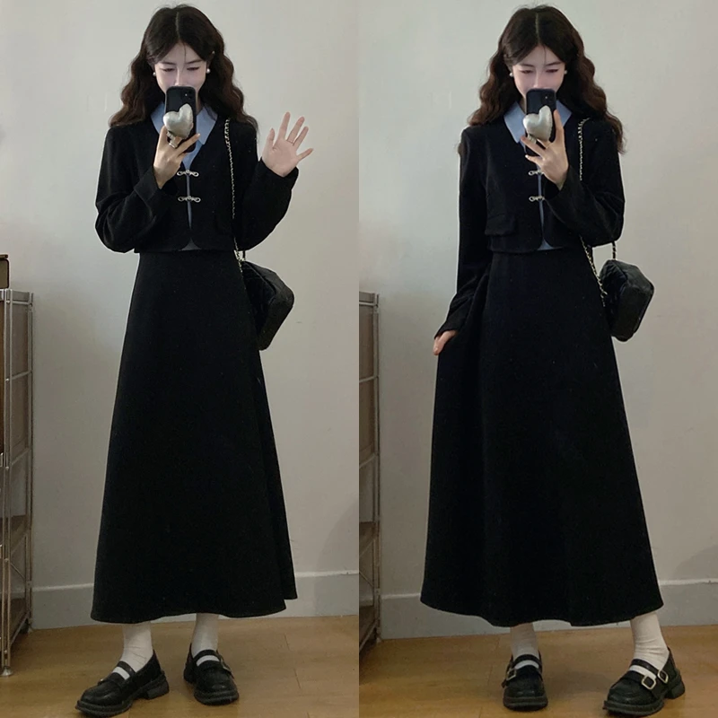 大码胖mm秋冬新款法式假两件立领拼接衬衫长裙显瘦高腰长袖连衣裙