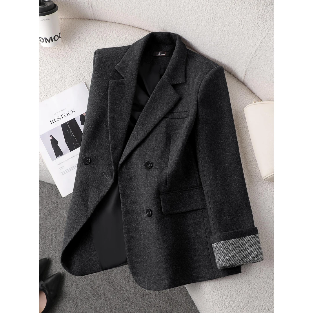 黑色毛呢西装外套女秋冬加厚2025新款休闲气质小个子高级感小西服