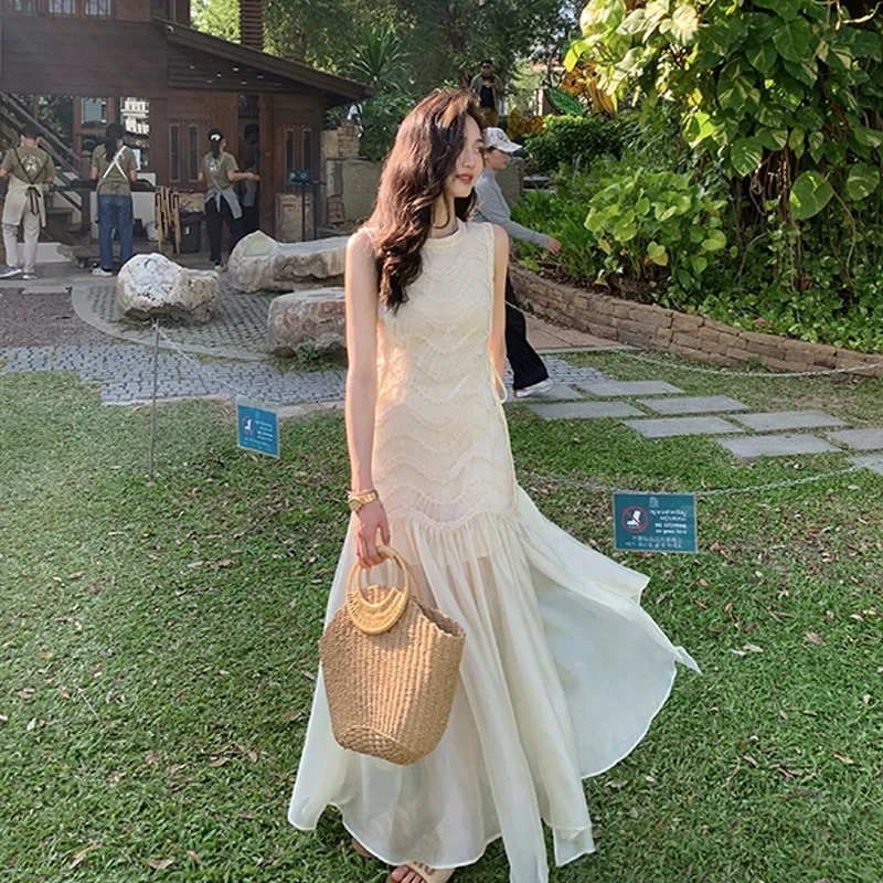 春季新款法式御姐风短袖无袖修身收腰气质连衣裙女长裙