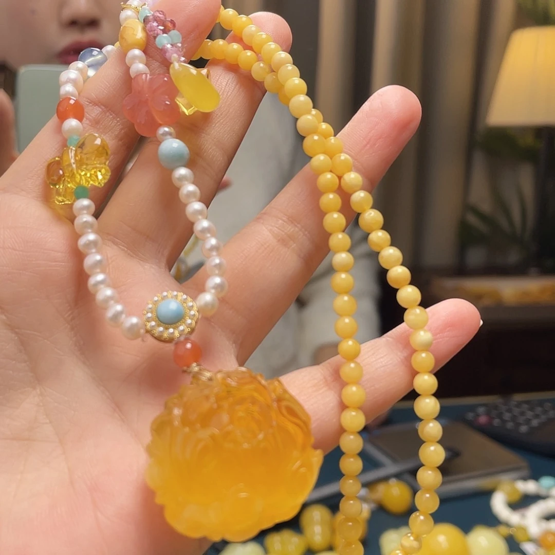 蜜蜡银S925镀金镶嵌裸石吊坠