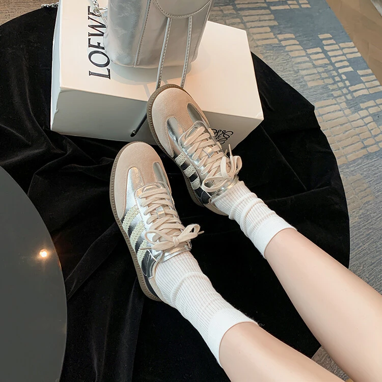 复古港风银色真皮蕾丝德训鞋女2025爆款韩版ins学生百搭休闲板鞋