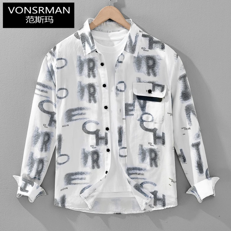 个性英文字母印花衬衫男长袖文艺时尚潮流帅气秋季时尚衬衣外套