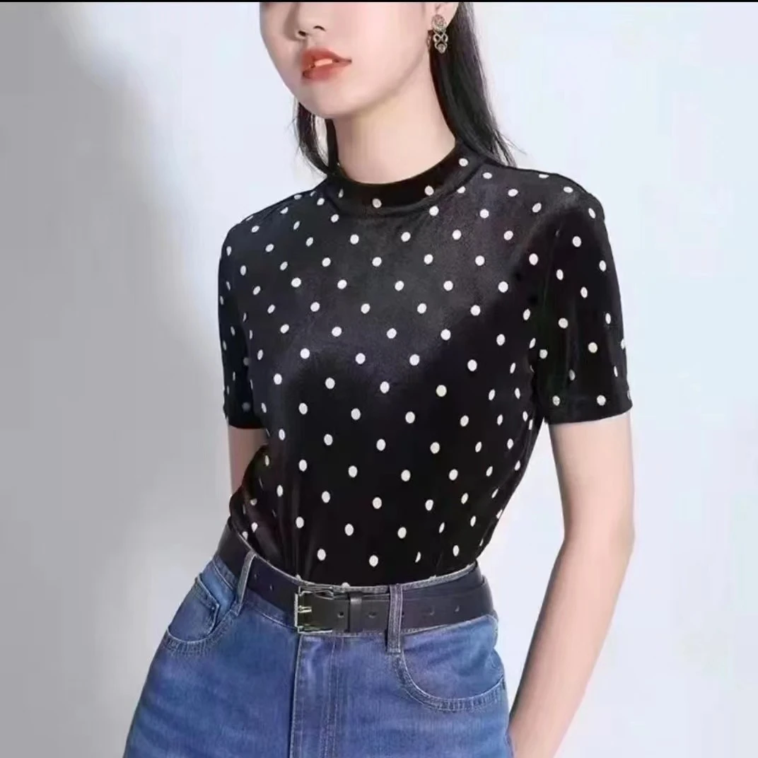 哥弟时尚显瘦气质百搭丝绒烟囱领T恤1300606