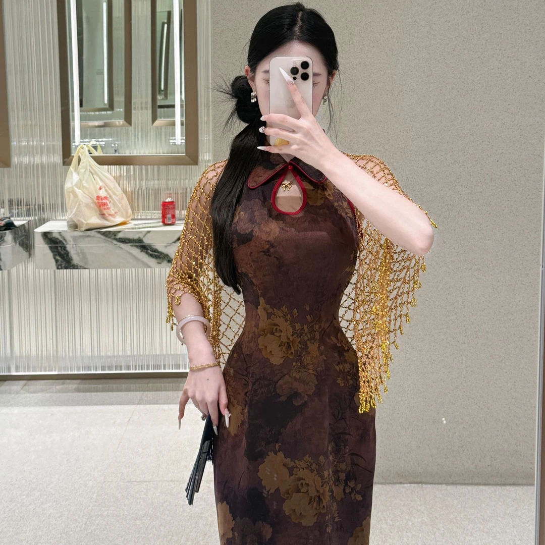 LHMknk1画报夫人原创自制大水滴娃娃领中式国风女装旗袍 红线花