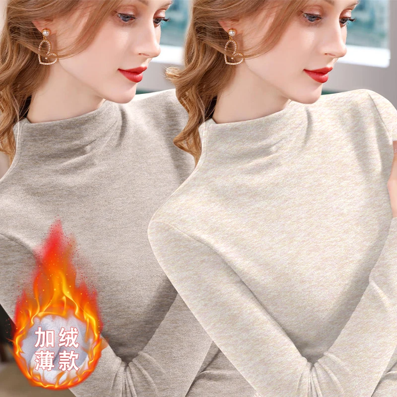 2025年秋冬新款显瘦半高领洋气螺纹加绒长袖T恤女士简约风打底T恤