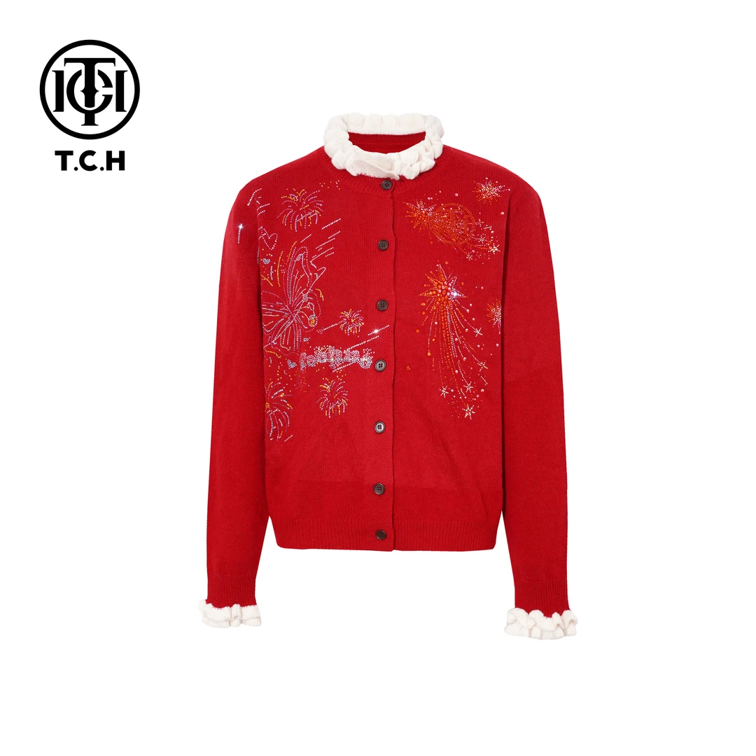 TCH【时尚百搭】冬款时尚烫钻红色休闲风女装针织衫T75D43E5022