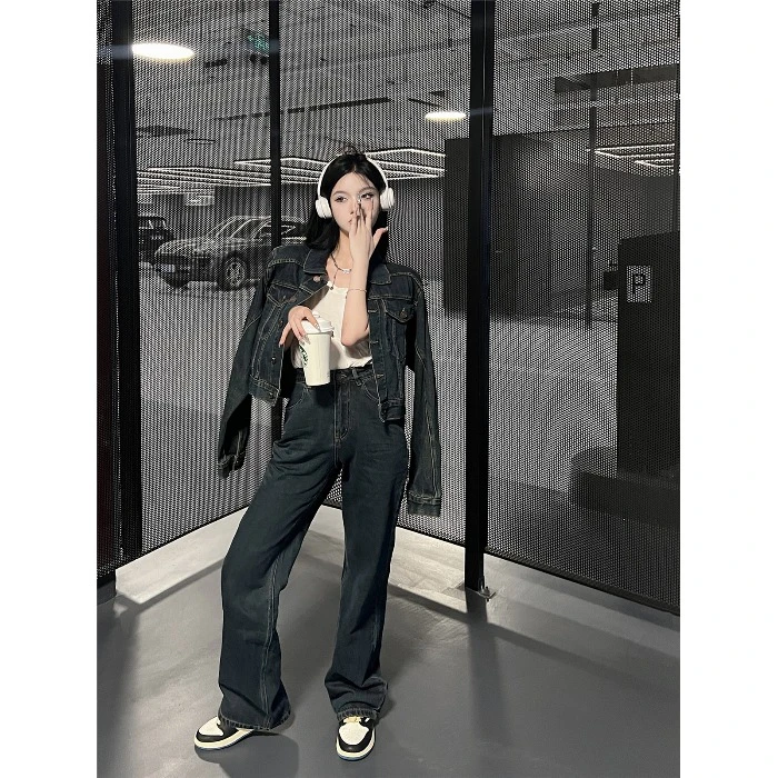 复古水洗宽松短款开衫牛仔外套女秋季时尚套装阔腿长裤气质两件套